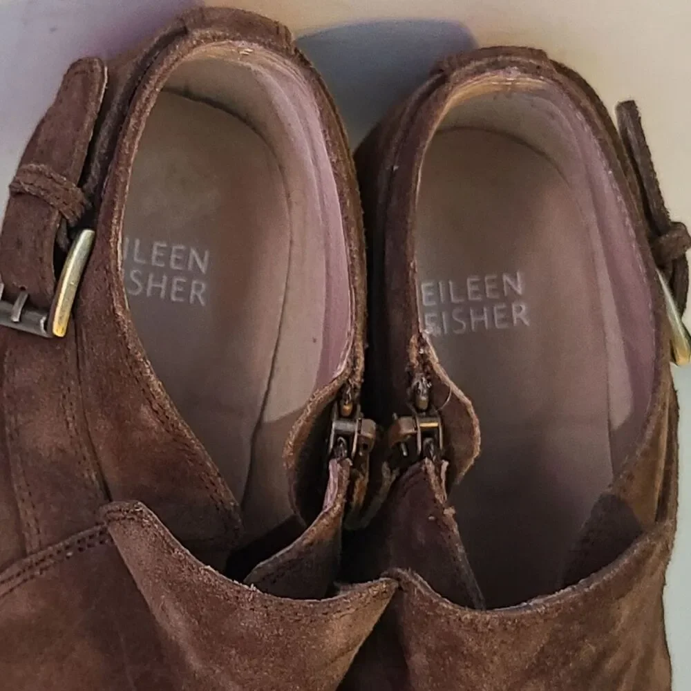 Eileen Fisher Brown Suede Ankle Boots 10 Vero Cuoio Side Buckle Zip Block Heel
